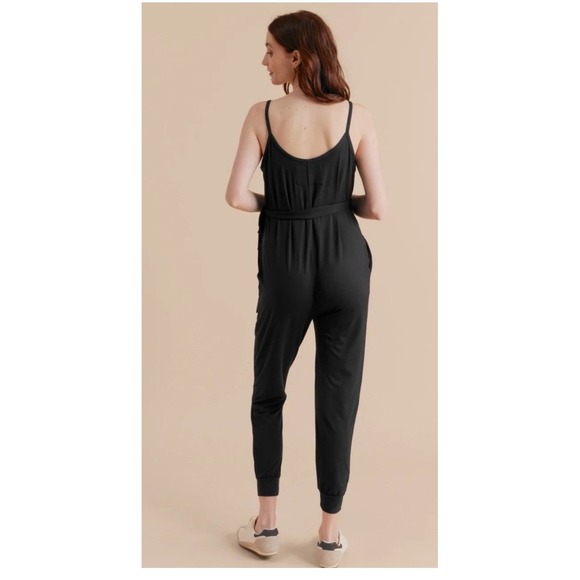 A Pea in the Pod Black Maternity Jumpsuit Spaghetti Strap Tie Waist Jogger LG - Picture 2 of 12